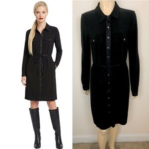 White House Black Market Solid Black Satin Trim Button Down Goth Shirt Dress L